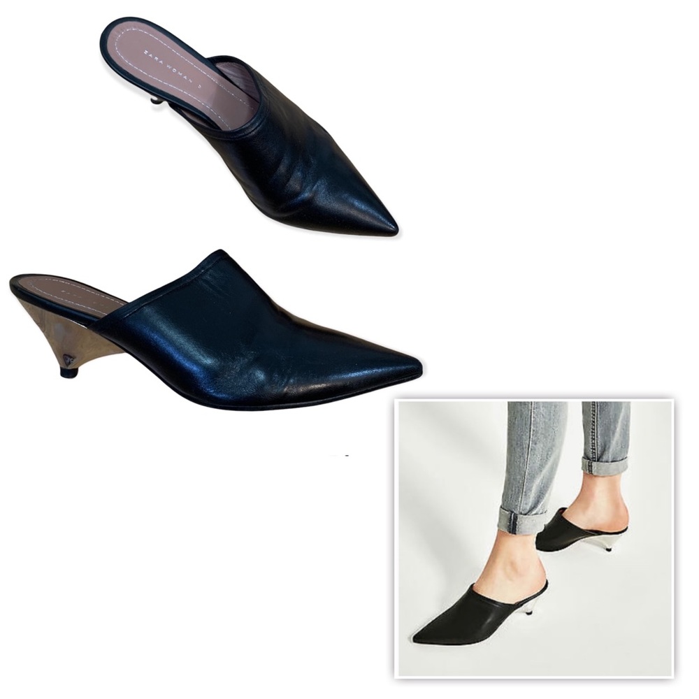 Zara Black Leather Kitten Heel Mules